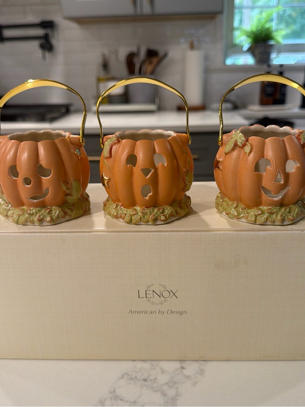 Lenox Orange Ceramic Jack-O'-Lantern Votive Trio with Gold Handles